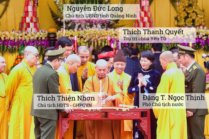 L&atilde;nh đạo Gi&aacute;o hội Phật gi&aacute;o Việt Nam v&agrave; đại diện ch&iacute;nh quyền dự khai hội Y&ecirc;n Tử năm 2018. Ảnh: VOV. Ch&uacute; th&iacute;ch: Luật Khoa.