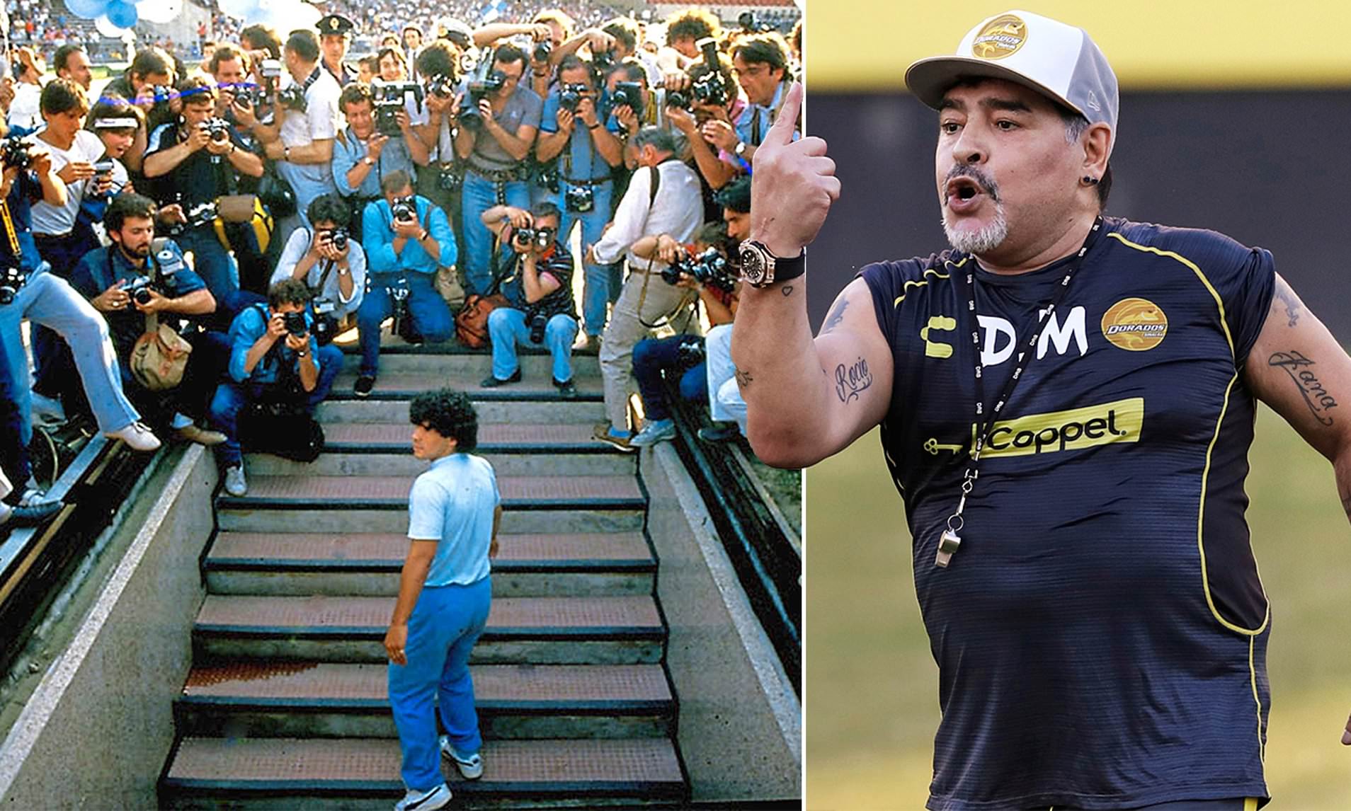 Diego Maradona ra mắt tại c&acirc;u lạc bộ Napoli, &Yacute; v&agrave;o năm 1984 (tr&aacute;i), v&agrave; 35 năm sau khi đang dẫn dắt một c&acirc;u lạc bộ tại Mexico. Ảnh: Dailymail