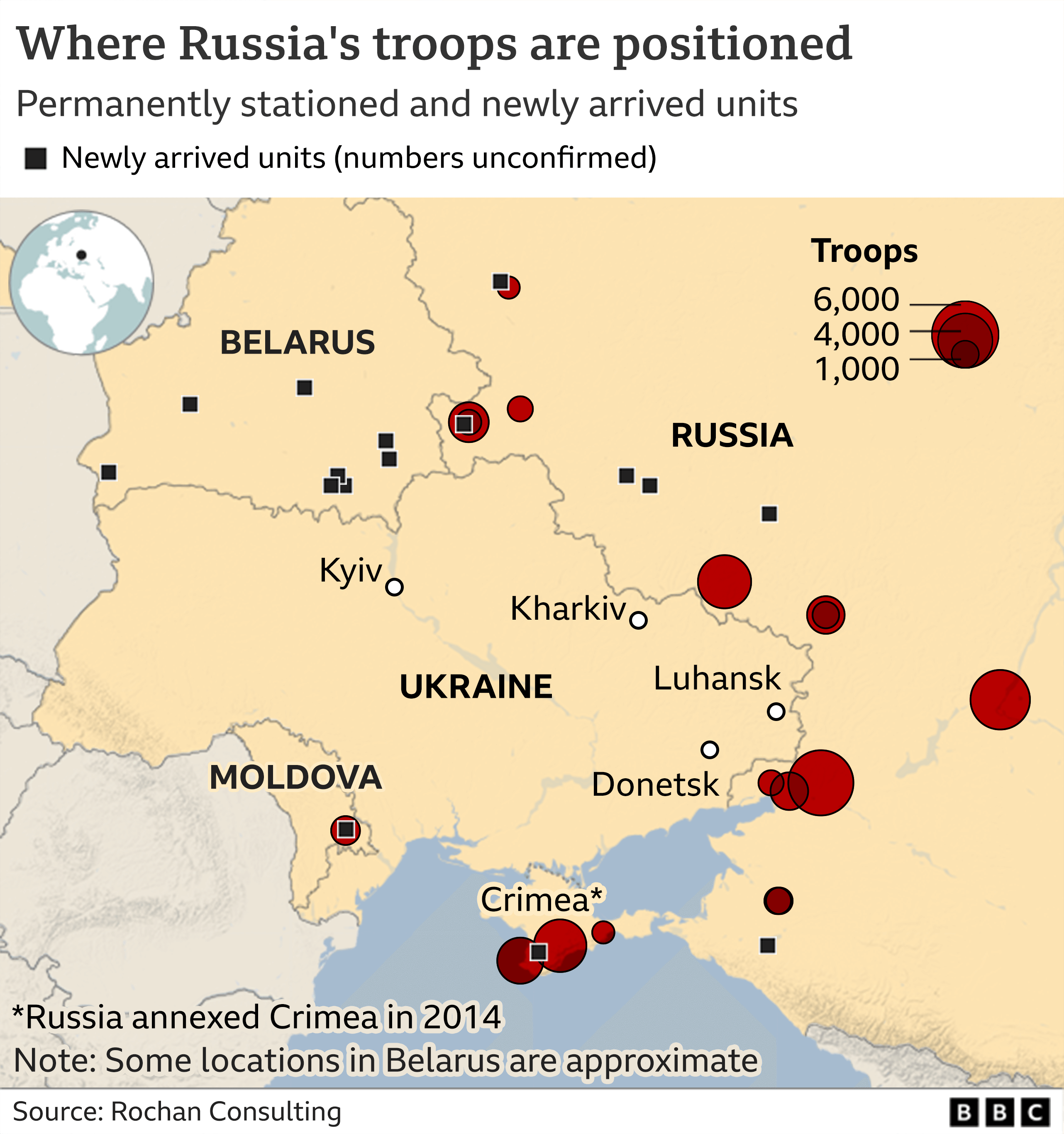 Bản đồ các địa điểm đóng quân của Nga xung quanh Ukraine do BBC công bố ngày 26/1/2022. Ảnh: BBC News.