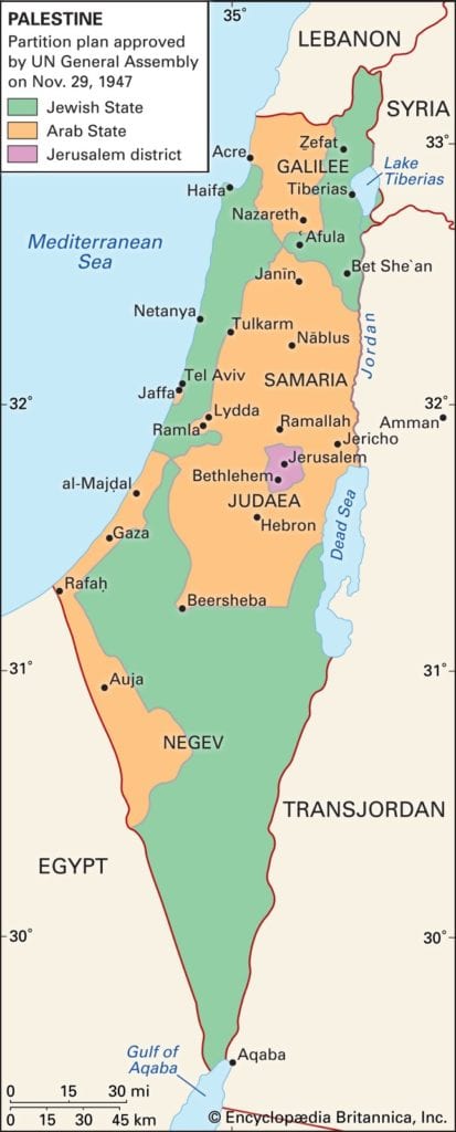 L&atilde;nh thổ m&agrave;u xanh thuộc người Do Th&aacute;i v&agrave; l&atilde;nh thổ m&agrave;u cam thuộc người Arab. Nguồn ảnh: Britannia.