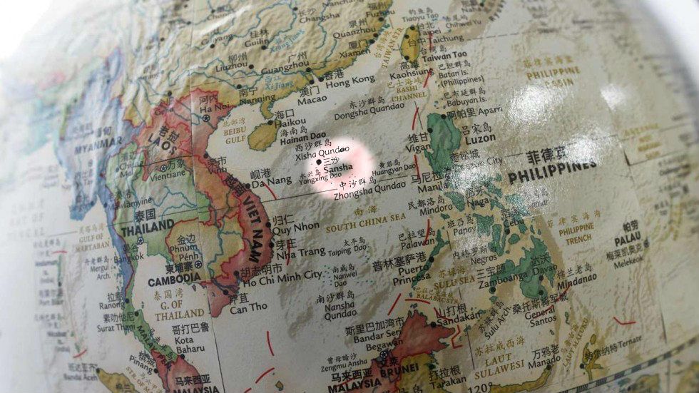 Một bản đồ của Trung Quốc ghi r&otilde; "đường lưỡi b&ograve;" v&agrave; th&agrave;nh phố Tam Sa. Ảnh: SMCP.