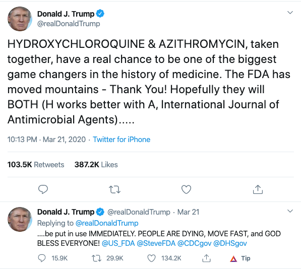 Tweet của &ocirc;ng Trump ng&agrave;y 21/3/2020. Ảnh: Chụp m&agrave;n h&igrave;nh.