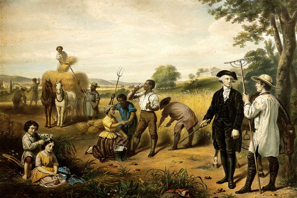 Tranh minh họa George Washington v&agrave; c&aacute;c n&ocirc; lệ của &ocirc;ng ở trang trại Mount Vernon. T&aacute;c giả: Junius Brutus Stearns, vẽ v&agrave;o thế kỷ 19. Nguồn: UNIVERSAL HISTORY ARCHIVE/UIG VIA GETTY IMAGES.