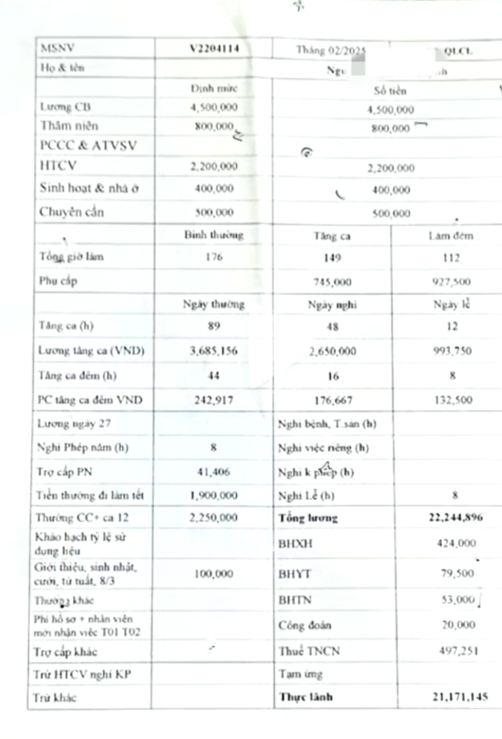 Bảng lương của c&ocirc;ng nh&acirc;n khi tăng ca 149 giờ/th&aacute;ng. Nguồn ảnh: B&aacute;o Người Lao Động.