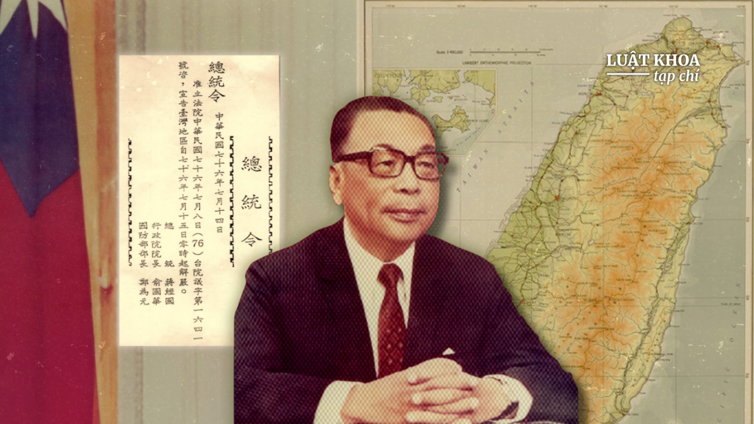 H&igrave;nh ảnh Tổng thống Tưởng Kinh Quốc v&agrave; Sắc lệnh h&agrave;nh ph&aacute;p chấm dứt thời kỳ thiết qu&acirc;n luật năm 1987. Nguồn ảnh: Hoover Institution Library and Archives; OFTaiwan. Đồ họa: Thanh Tường/Luật Khoa.