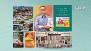 Giáo sư Vũ Tường và một số tác phẩm của Trung tâm Nghiên cứu Việt - Mỹ. Ảnh: Trà Nhiên/Người Việt, US-Vietnam Research Center. Đồ họa: Thiên Tân/Luật Khoa.