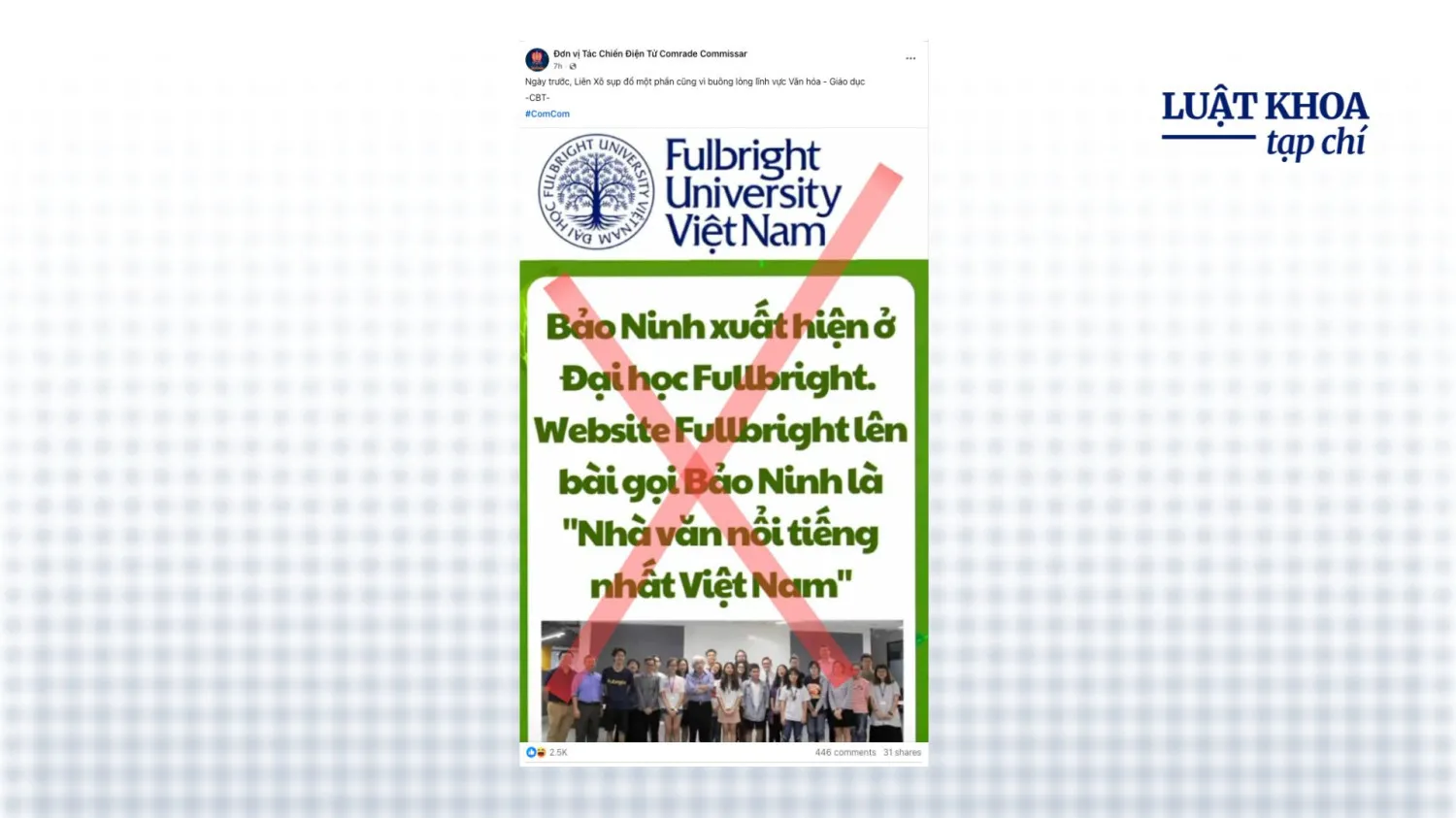 Bài của trang Facebook ComCom chỉ trích Đại học Fulbright. Ảnh: Chụp màn hình.