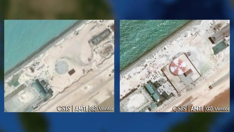 Các công trình mới được xây dựng nhanh chóng ở Bãi Thuyền Chài (Barque Canada Reef). Hình bên trái được chụp vào 24/9/2025, hình bên phải được chụp vào 30/4/2026. Nguồn ảnh: CSIS, AMTI, Vantor.